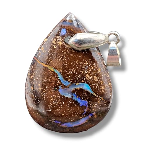 Boulder Opal Anhänger mit Frontbohrung u. Schlaufe aus 925er Silber, Opal Picture Stone mit Möwe über Meer, partielles Opalfeuer in blau und lila, Maße 33,5mm x 24,3mm x 7,3mm, Unikat, Handgeschliffen