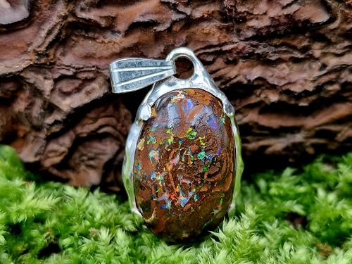 LeoLars-PABE Multicolor Boulder Opal Design Anhänger aus 925er Silber, organische Fassung, Opal Pinfire, aufgeriebene Krappenfassung, Nature Art, Unikat, Unisex, Handarbeit