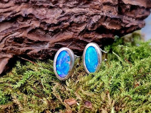 Lightning Ridge Opal Ohrstecker aus 925er Silber mit Flügelmuttern, Opale mit herrlichem grün-blauem Opalfeuer, schlicht, Unikat, Handarbeit