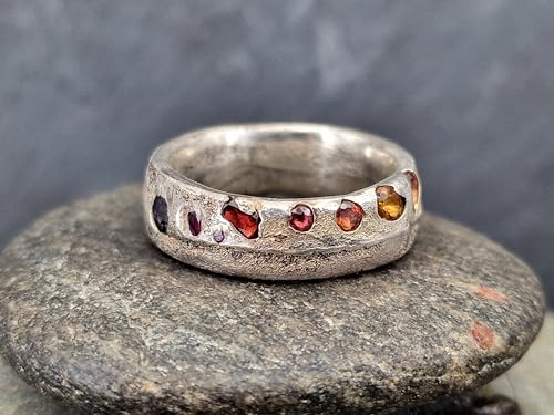 LeoLars-PABE Chaos Sandguss design Ring mit echten eingegossenen Edelsteinen, Gr.60 (19,2), aus 925er Silber, mit Sandguss Oberfläche, Unikat, Handarbeit, Unisex, Nr. 158