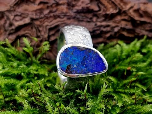 LeoLars-PABE Boulder Opal Design Ring, Gr.59 (18,7), aus 925er Silber, Picture Stone Universe, lila-blau-grünes Opalfeuer, Structure Design, Unikat, Handarbeit