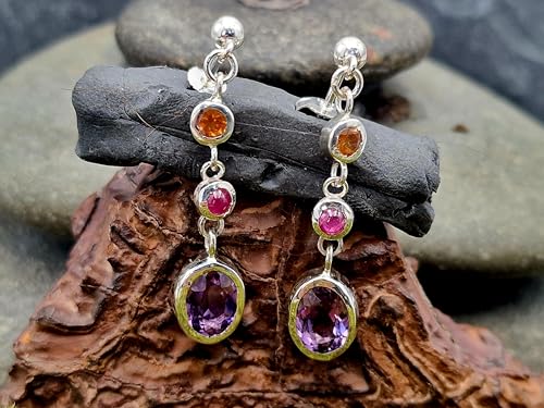 Design Edelstein Ohrhänger baumelnd mit Stecker aus 925er Silber mit Mandarin Granat, Rubin und Amethyst in Zargenfassung, Unikat, Handarbeit