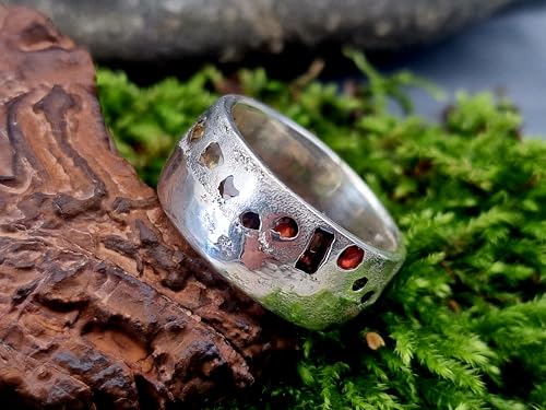 LeoLars-PABE Design Sandguss Chaos Ring, Gr.60 (19,2), aus 925er Silber mit echten eingegossenen Edelsteinen, Unikat, Handarbeit, Nr. 156