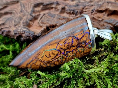LeoLars-PABE Schlichter Boulder Opal Anhänger aus 925er Silber, mit tollem Muster und partiellem Opalfeuer in lila und grün, Unikat, Handarbeit, Unisex