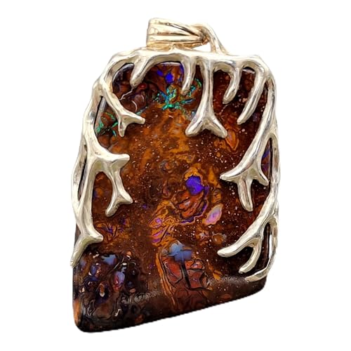 LeoLars-PABE Großer Boulder Opal Design Anhänger aus 925er Silber, Tribal Design, beidseitig, Unisex, Opal mit tollem Muster und partiellem grün-blauem Opalfeuer, Unikat, Handarbeit