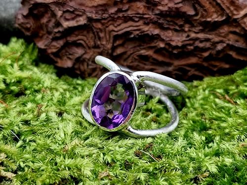 LeoLars-PABE Amethyst Design Ring aus 925er Silber, Gr.60 (19,3), lila oval facettierter Amethyst in Zargenfassung, doppelte Ringschiene, Unikat, Handarbeit