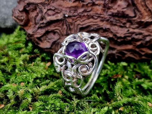 LeoLars-PABE Verschnörkelter verspielter Amethyst Design Ring aus 925er Silber, Gr. 63 (20,2), herrliches dunkles Lila, magisch, Unikat, Handarbeit