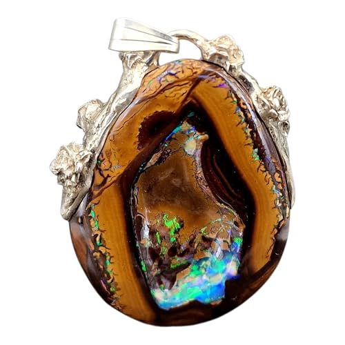 LeoLars-PABE wundervoller Boulder Opal Nuss Anhänger, beidseitig mit brilliantem grün-blauem Opalfeuer und tollem Muster, aus 925er Silber mit Rosenblüten verziert, Unikat, Handarbeit, Unisex