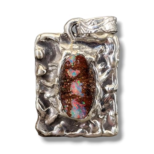 LeoLars-PABE Herrlicher Boulder Opal Design Anhänger aus 925er Silber, Opal - Multicolor Opalfeuer, 19x10,5mm, organischer Rahmen, handgefertigte Schlaufe, Unikat, Handarbeit