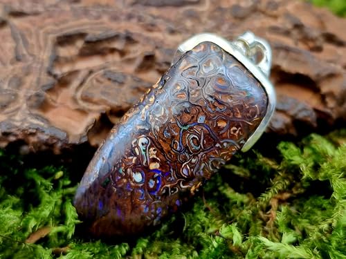 LeoLars-PABE Anhänger mit Boulder Opal aus 925er Silber, schlicht, tolles Muster mit partiellem Opalfeuer in blau-grün, Unikat, Unisex, Handarbeit