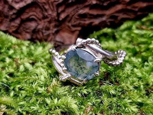 LeoLars-PABE Design Moosachat Ring, Gr.52 (16,7) aus 925er Silber, tolles Innenleben im Stein, facettiert, oval, Nr. 0105, Unikat, Handarbeit
