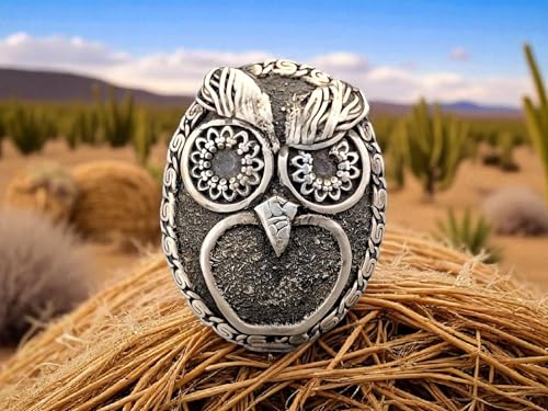 LeoLars-PABE Bolo als Eule aus 925er Silber, Western Style, Cowboy, skeptische Eule, Uhu, teilgeschwärzt, mit gekordeltem Lederband, Unikat, Handarbeit, Unisex