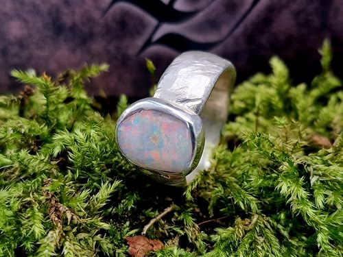 LeoLars-PABE Multicolor Lightning Ridge Opal in 925er Silberring strukturiert in Seidenmatt Größe 54 (17), Unikat, Handarbeit