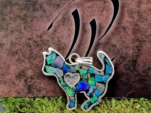 LeoLars-PABE Lightning Ridge Opalsplitter Katzen Anhänger aus 925er Silber, tolles Multicolor Opalfeuer, Opale in Kunststoff eingegossen, Katze, Katzen-Opalliebhaber, Herz, Unikat, Handarbeit, Unisex