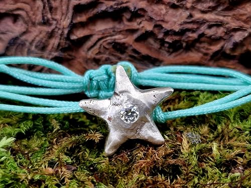 LeoLars-PABE Hellblaues Makramee Design Armband mit Seestern aus 925er Silber mit Labgrown Diamant, Umfang von 16-24cm, Unikat, Handarbeit