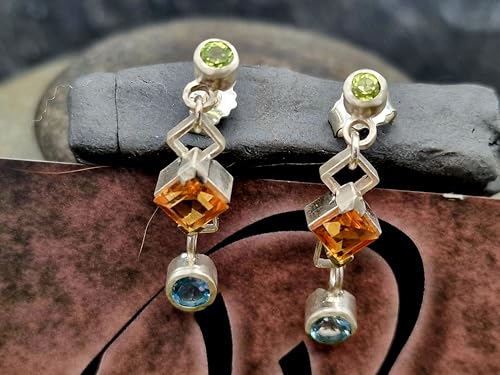 Design Ohrhänger baumelnd mit Stecker aus 925er Silber mit Peridot, Citrin und Blautopas in Zargenfassung, Unikat, Handarbeit