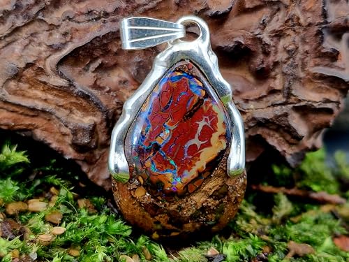 LeoLars-PABE Tropfen Design Boulder Opal Anhänger aus 925er Silber, Opalnuss mit grünen und blauen Opaladern mit Opalfeuer, Unikat, Handarbeit, Unisex