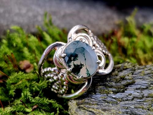 LeoLars-PABE Verspielter und verschnörkelter Moosachat Design Ring aus 925er Silber, Gr.54-55(17,5), Nr. 0108, Unikat, Handarbeit