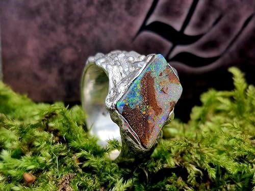 LeoLars-PABE Boulder Opal Design Ring aus 925er Silber in unserem speziellen organischen Design, Opal mit mehrfarbigem Feuer Größe 55-56 (17,7) in Zargenfassung, Unikat, Handarbeit