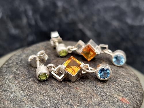 Design Ohrhänger baumelnd mit Stecker aus 925er Silber mit Peridot, Citrin und Blautopas in Zargenfassung, Unikat, Handarbeit