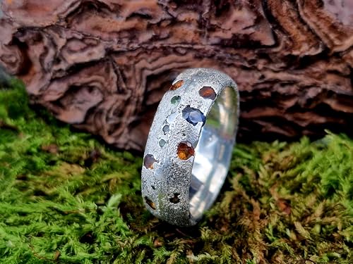 LeoLars-PABE Sandguss Chaos Design Ring, Gr. 61 (19,5), aus 925er Silber, Sandguss typische Oberfläche, eingegossene orange, blaue und grüne Saphire, Nr. 159, Unikat, Handarbeit