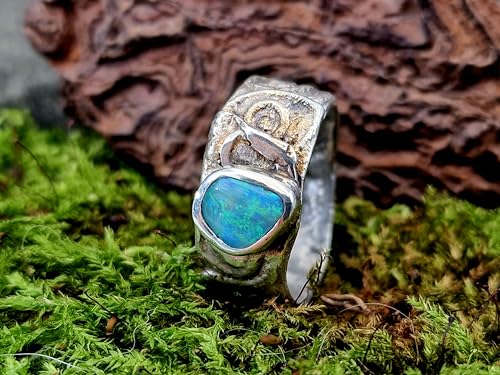 LeoLars-PABE Design Ring aus 925er Silber mit Lightning Ridge Opal, Gr. 60-61 (19,3), Opalfeuer in tollem grün und blau, rustikal, verspielt, Unikat, Handarbeit