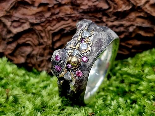 LeoLars-PABE Rustikaler Design Ring, Gr. 61 (19,5), aus 925er Silber und 585er Gelbgold Elementen mit weißen und pinken Labgrown Diamanten, teilgeschwärzt, Unikat, Handarbeit