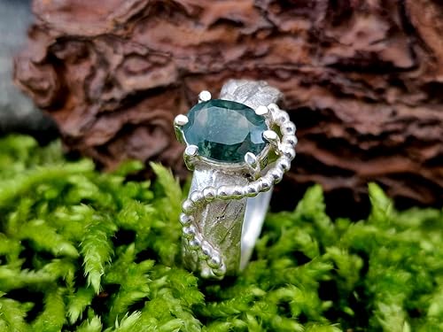 LeoLars-PABE Moosachat Kräuterdesign 420 Ring, Gr. 54 (17,3), aus 925er Silber mit echter Kräuter Oberflächen Struktur, verspielt, Unikat, Handarbeit