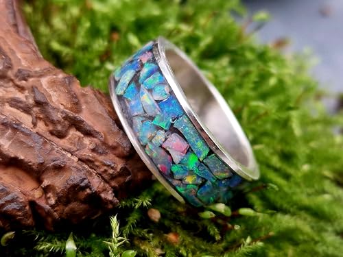 LeoLars-PABE Lightning Ridge Opal Mosaik Design Ring, Gr.57-58 (18,3), aus 925er Silber, Opalsplitter intensiv Multicolor, Unikat, Handarbeit