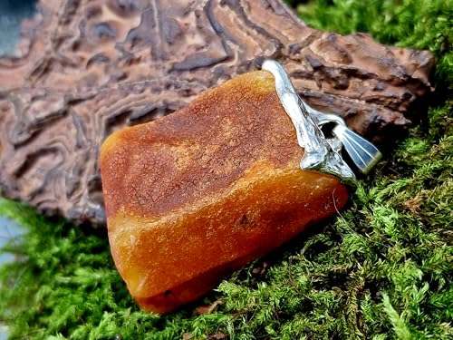 LeoLars-PABE Natürlicher Nordsee Bernstein Design Anhänger aus 925er Silber, Stein unbearbeitet, Opak, gelb-orange-braun, 37,5mm x 26mm, Unikat, Unisex, Handarbeit