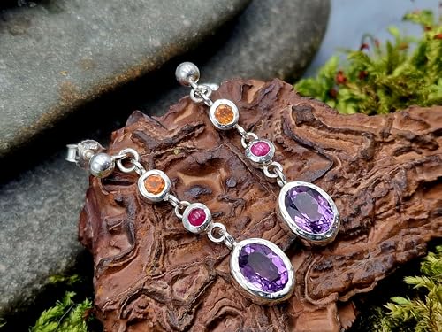 Design Edelstein Ohrhänger baumelnd mit Stecker aus 925er Silber mit Mandarin Granat, Rubin und Amethyst in Zargenfassung, Unikat, Handarbeit