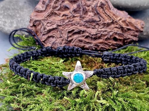 LeoLars-PABE schwarzes Seestern Makramee Design Armband, aus 925er Silber mit Lightning Ridge Opal mit grün-blauem Feuer, Unikat, Umfang 18-25cm, Unisex, Handarbeit