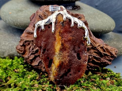 LeoLars-PABE großer Nordsee Bernstein Design Anhänger aus 925er Silber, gelb-braun mit natürlicher Oberfläche, Tropfendesign, beidseitig tragbar, Unikat, Handarbeit, Unisex