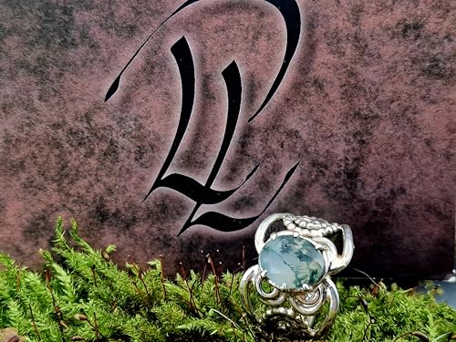 LeoLars-PABE Verspielter und verschnörkelter Moosachat Design Ring aus 925er Silber, Gr.54-55(17,5), Nr. 0108, Unikat, Handarbeit