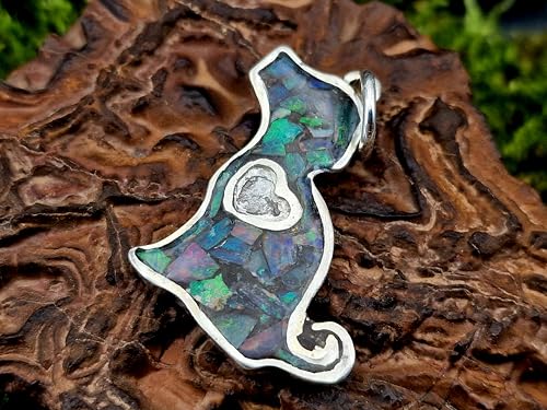 Lightning Ridge Opalsplitter Hunde Anhänger aus 925er Silber, Multicolor Opalfeuer, Opale in Kunststoff eingegossen, Hund, Welpe, Herz, Hunde und Opalliebhaber, Unikat, Unisex, Handarbeit