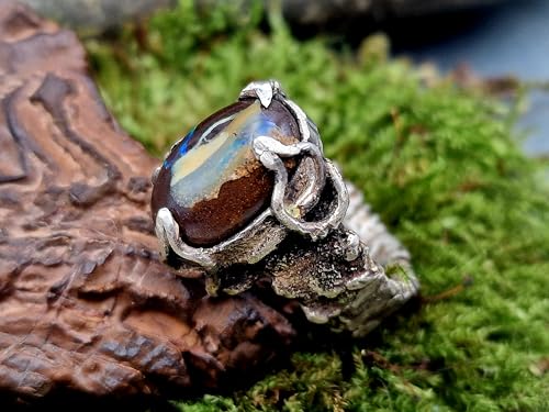 LeoLars-PABE Spannender Boulder Opal Design Ring, Gr. 57-58, (18,4) aus 925er Silber teilgeschwärzt, tolles Ring Design, grünes Opalfeuer aus Adern, Unikat, Handarbeit