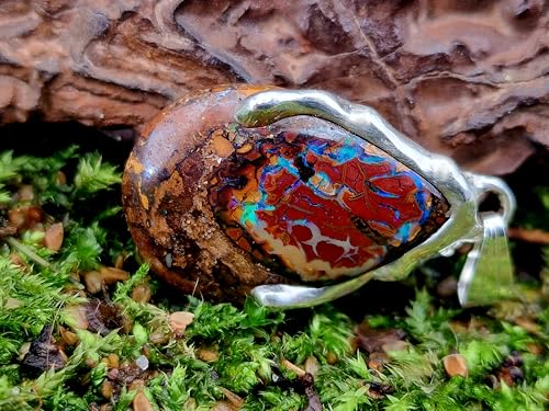 LeoLars-PABE Tropfen Design Boulder Opal Anhänger aus 925er Silber, Opalnuss mit grünen und blauen Opaladern mit Opalfeuer, Unikat, Handarbeit, Unisex