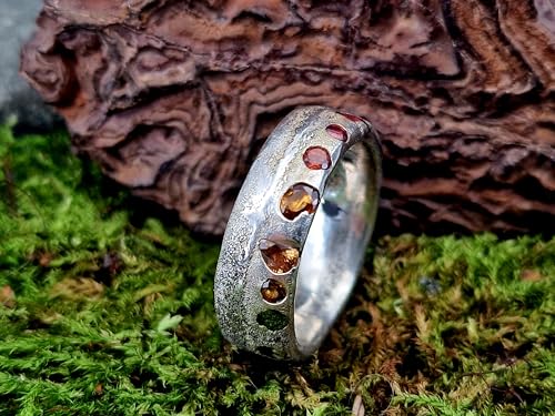 LeoLars-PABE Chaos Sandguss design Ring mit echten eingegossenen Edelsteinen, Gr.60 (19,2), aus 925er Silber, mit Sandguss Oberfläche, Unikat, Handarbeit, Unisex, Nr. 158
