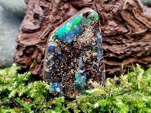 Großer dicker Boulder Opal Anhänger gebohrt mit 60cm Lederband, Opal - grün-blaues Opalfeuer, partiell Multicolor, brilliante Farben, 33 x 22,7 x 10,2mm, Unikat, Handgeschliffen