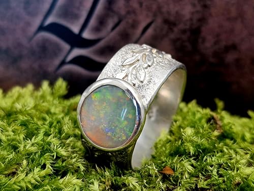 LeoLars-PABE Lightning Ridge Opal Ring, Gr. 63 (20) aus 925er Silber,Opal- pastellfarbenes Opalfeuer. D-10,3mm, Ring mit Muster und Ranke, Unikat, Handarbeit, Ring 26,1x23,9x 12,5