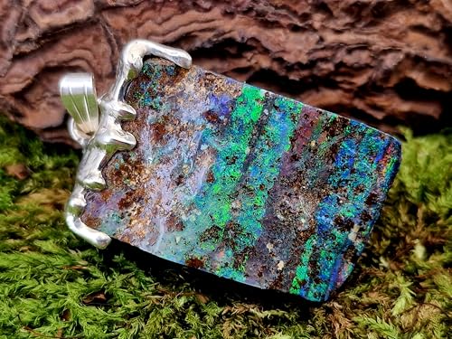 LeoLars-PABE Boulder Opal Tropfen Design Anhänger aus 925er Silber, Multicolor Opalfeuer mit viel grün und blau, Unikat, Handarbeit, Unisex