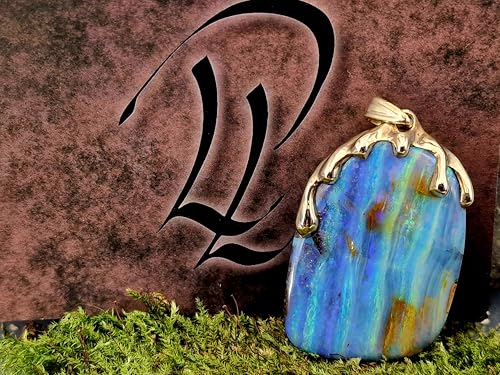 LeoLars-PABE herrlicher Boulder Opal Design Anhänger aus 585er Gelbgold im Tropfen Design, Opalschicht mit mehrfarbigem Opalfeuer, mit Wachstumsrissen, Stabil, Unikat, Handarbeit, Unisex