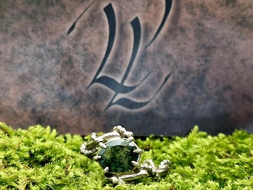 LeoLars-PABE Moosachat Design Ring verspielt, Gr. 56 (18), Nr. 0107, aus 925er Silber, verschnörkelt, oval facettiert mit wundervollem Innenleben, Unikat, Handarbeit