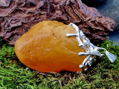 LeoLars-PABE Honiggelber opaker Nordsee Bernstein Design Anhänger aus 925er Silber, natürlich, unbearbeitet, Gitterstruktur Tropfen Design, groß; 52mm x 29,4mm, Unikat, Unisex, Handarbeit