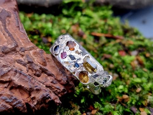 LeoLars-PABE Sandguss Chaos Design Ring, Gr.55 (17,5), aus 925er Silber mit echten eingegossenen Edelsteinen, Sandguss typische Oberflächen Struktur, Nr. 157, Unikat, Handarbeit