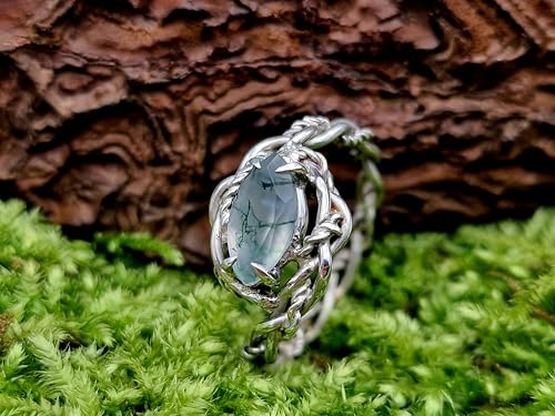 LeoLars-PABE Verspielter Moosachat Design Ring aus 925er Silber, Gr. 57 (18,3),Moosachat mit schönem Innenleben als Navette facettiert, Nr.0103, Unikat, Handarbeit