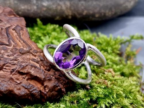 LeoLars-PABE Amethyst Design Ring aus 925er Silber, Gr.60 (19,3), lila oval facettierter Amethyst in Zargenfassung, doppelte Ringschiene, Unikat, Handarbeit