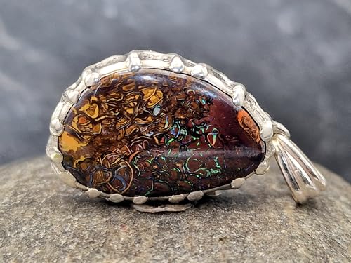 LeoLars-PABE 925er Silber Anhänger mt Boulder Matrix Opal mit grün-blauen Opaladern und tollem Muster, strukturierte Oberfläche, Unikat, Handarbeit