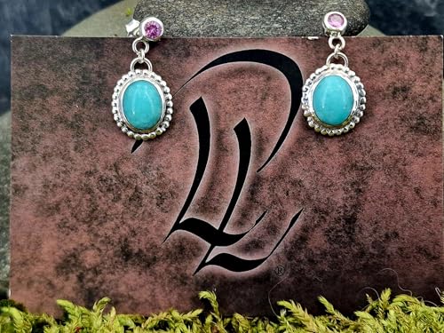 Amazonit und Pink Saphir Design Ohrhänger mit Steckern aus 925er Silber, kräftige Farben, tolle Kombination, Unikat, Handarbeit