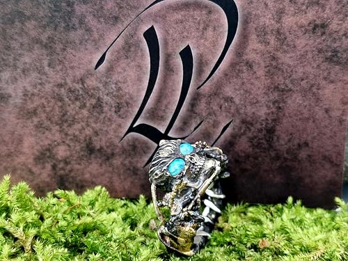 Kunstvoller hochwertiger Biker-Skull Ring in Bicolor mit 2 Lightning Ridge Opalen in grün-blau, Gr.59 (19), aus 925er Silber geschwärzt und Feingold Elementen, Kunstwerk, Totenschädel, Schädel, Unikat